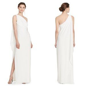 NEW Lauren Ralph Lauren White One Shoulder Cape Gown Wedding Dress Size 16